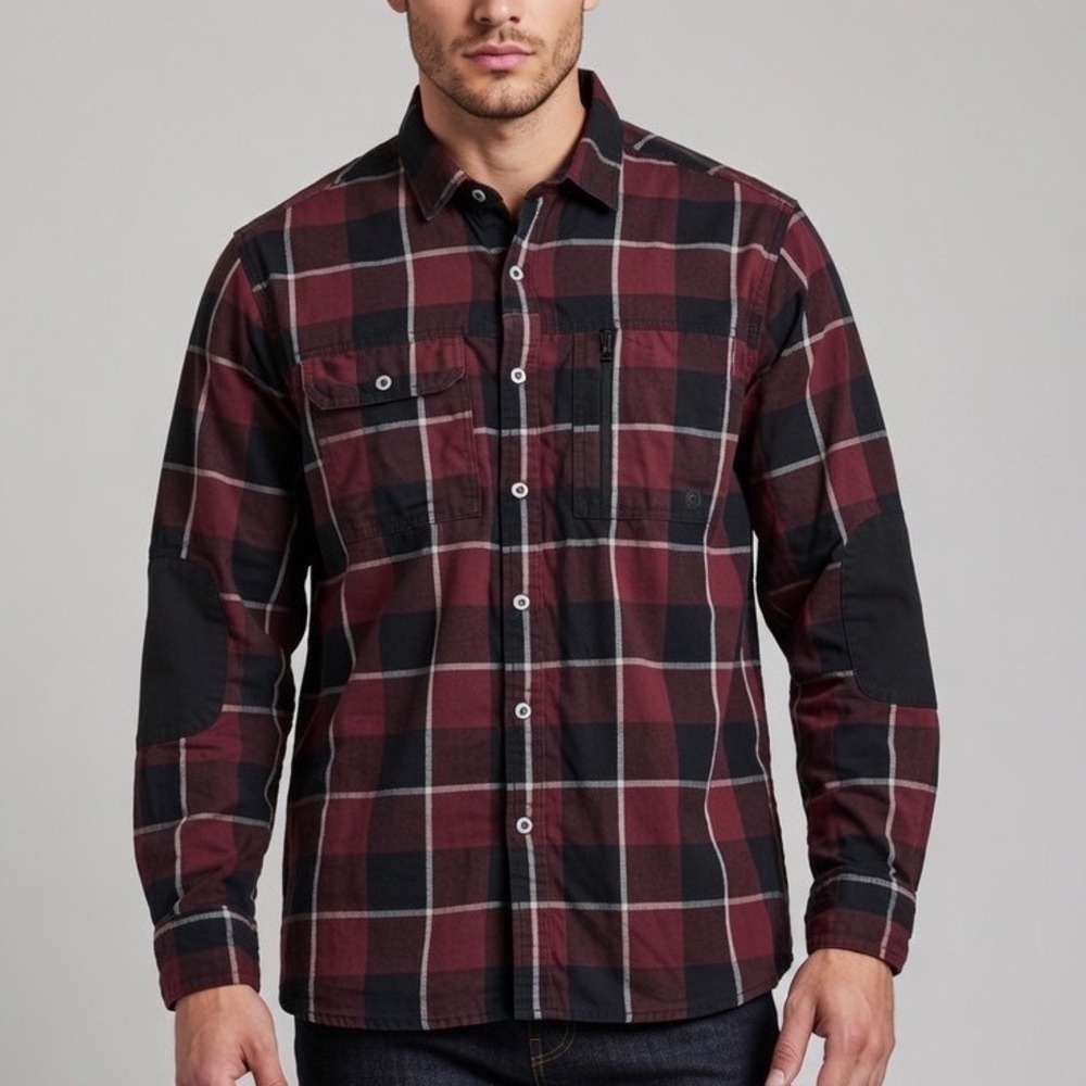 Wrangler ATG Mens XL Plaid Flannel Shirt Burgundy Long Sleeve Utility Hiking